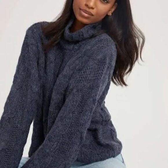 Revolve Something Navy Cableknit Turtleneck Chunky Blue Cable Knit Sweater SZ M - Picture 1 of 10